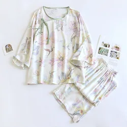 2024 New Spring/Summer Women's Viscous Cotton Pajama Set Chinese Button Home Furnishings Two Piece Set with Thin Print Pajama