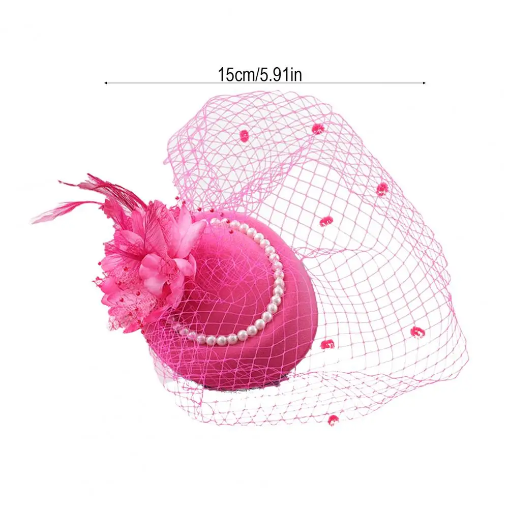 Cotton Yarn Top Hat Top Hat Hair Accessory with Faux Pearls Feather Flower Veil Elegant Dance Headdress Fascinator Fashionable