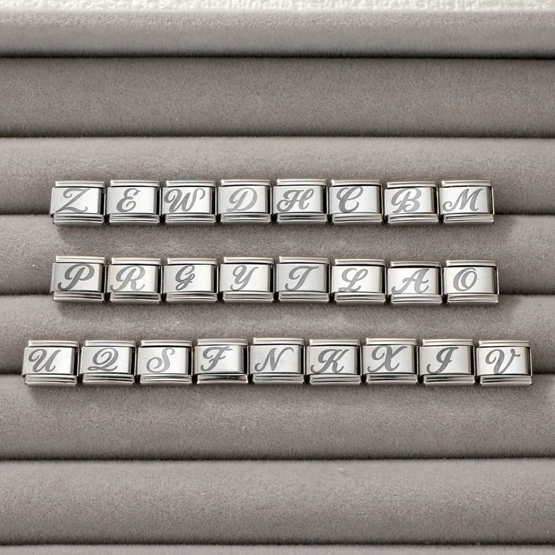 New Fashion 26 English A-Z Letters Laser Engraving Black Italian Charm Links Fit 9mm Stainless Steel Bracelet DIY Making