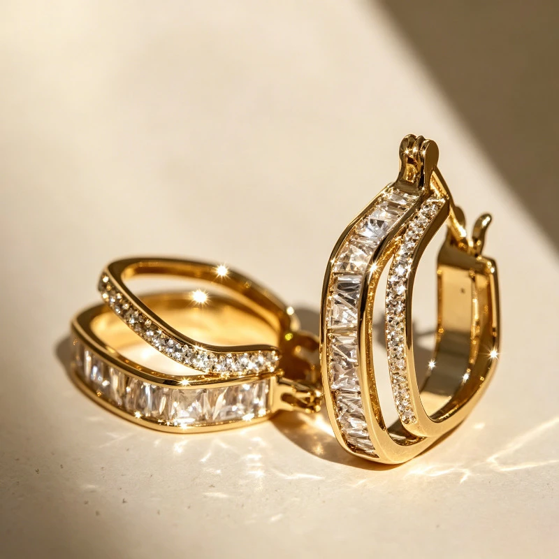 Shiny Double C-shaped Ring Inlaid Earrings Gold Mixed Rectangular Circular Geometric Earrings Suitable Women's Daily Party Dates