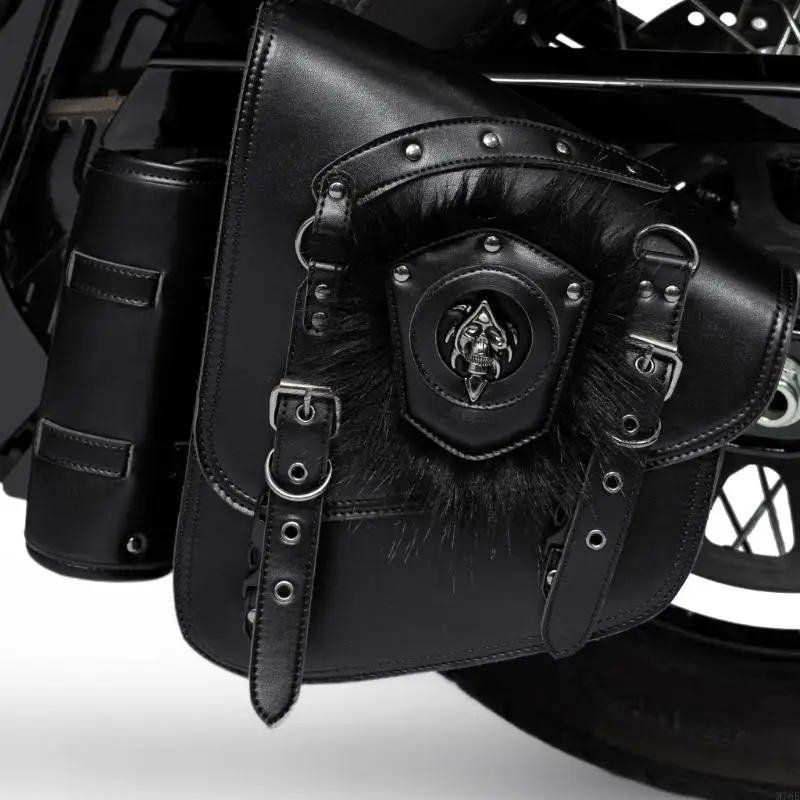 M76E Motorrad-Satteltaschen-Paar für seitliche Aufbewahrung mit Nietenverzierung, Totenkopf-Abzeichen und Schnallenriemenklappe – Detail 8