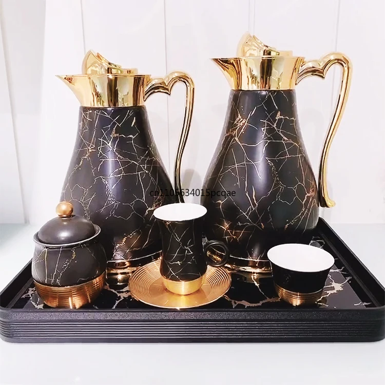 Original Design Black Gold Marble Pattern Luxury Coffee Pot Cups and Saucers Custom Gift Box Arab Tea Set with Glass Tray