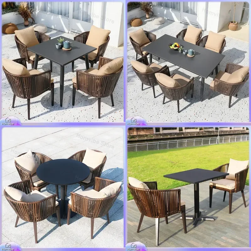 Outdoor Rattan Furniture Set Waterproof Sunproof Garden Patio Table and Chairs Balcony Terrace Cafe Casual Woven Dining Seat