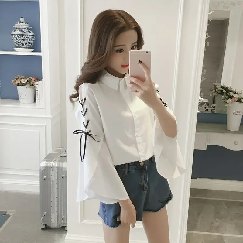 Lace-Up Flare Sleeve Shirt 2022 Fashion Spring Autumn Long Sleeve Shirt Female Elegant Korean Blouses Girls Sweet Casual Tops