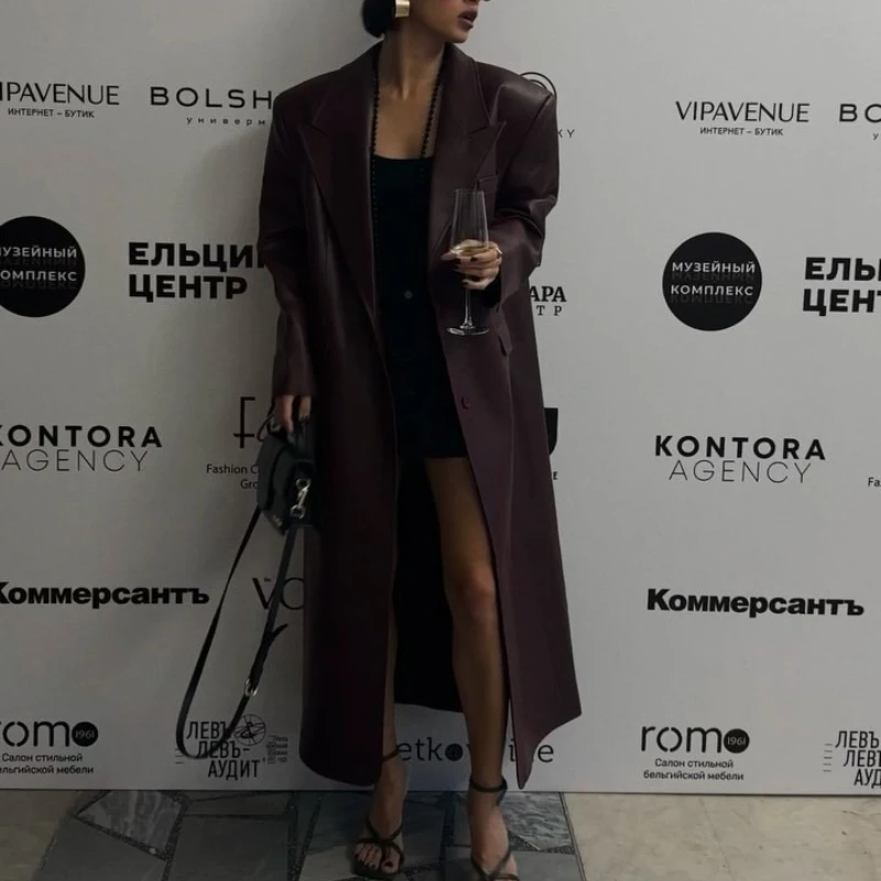 Women Autumn Long Leather Jacket Pu Leather Trench Coat New Retro Elegant Simple Luxury Harajuku Streetwear Brand Trends Eco