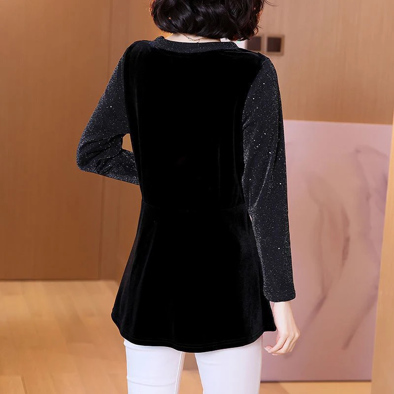 Spring Autumn Sequined Patchwork Slim T-shirt Female Long Sleeve Streetwear All-match Pullovers Ladies Oversized Velvet Tees Top