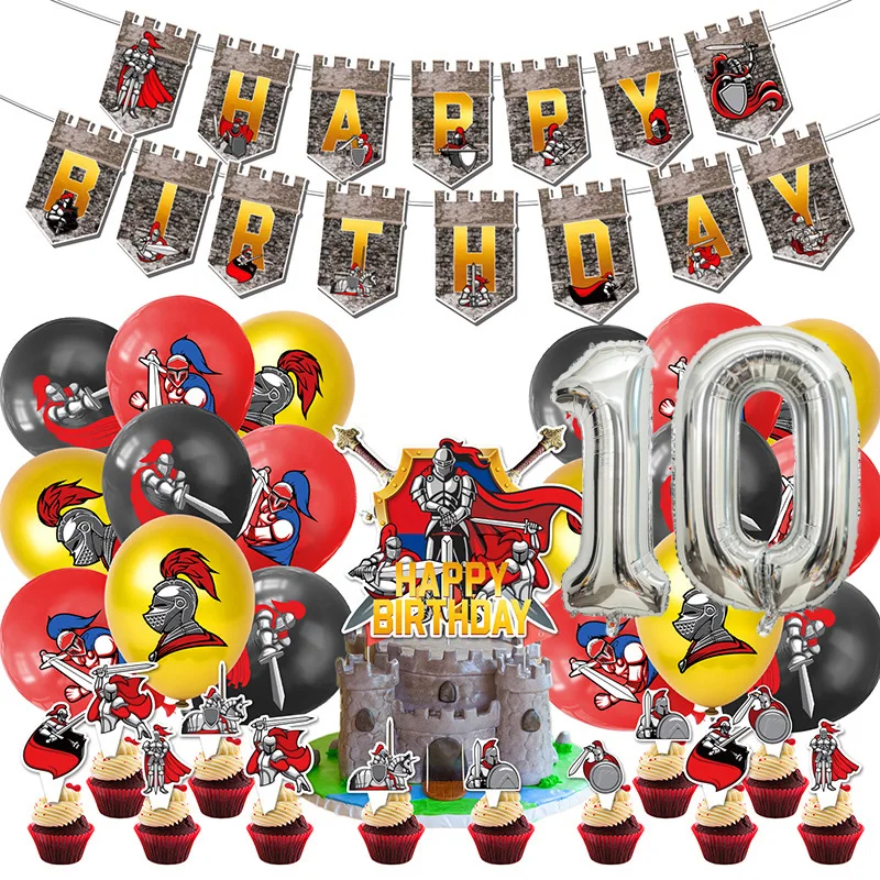 

Medieval Castle Armored Knight Birthday Party Decoration Number Balloons Cake Topper Background Banner Party Supplies Kids Gifts
