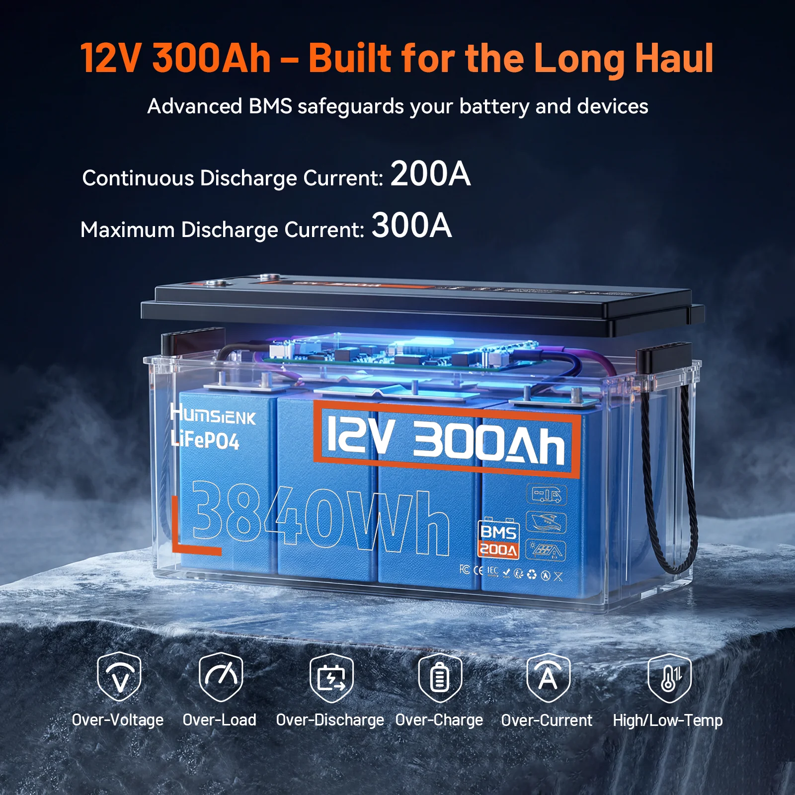 Humsienk 12V 300Ah LiFePO4 Battery, Built-in Bluetooth & 200A BMS, 15000+ Deep Cycle, Low-Temp Protection for RV, Van, Golf Cart, Boat, Camper, Marine, Solar Energy Storage, 5-Year Warranty