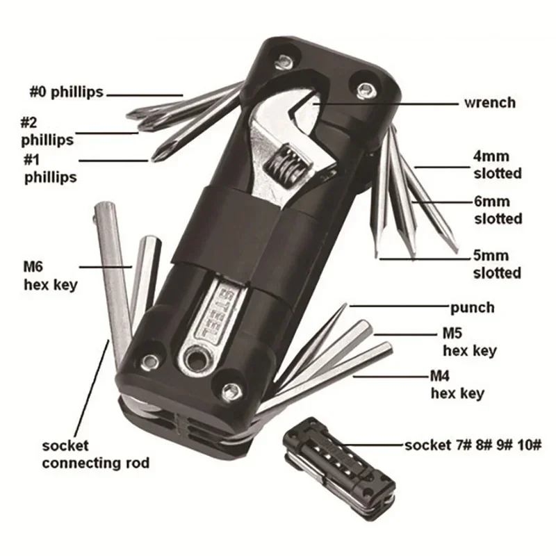 Suitable for mountain bikes and road bikes, this multifunctional tool kit includes tire repair tools, screwdrivers, and chains