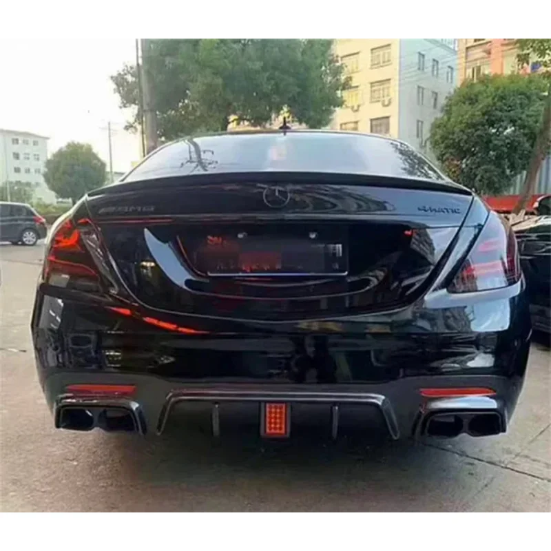 For Mercedes-Benz W222 S-Class S63 S65 AMG 2018-2020 Real Carbon Fiber Rear Bumper Lip Diffuser Spoiler With Exhaust Tips