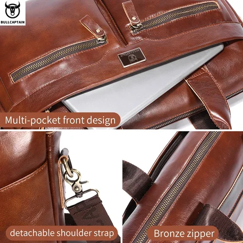 Imagen 2 del producto BULLCAPTAIN-maletín de hombro de cuero genuino para hombre, bolso de mano de 14 pulgadas para ordenador portátil, maletín Simple de moda para oficina y negocios
