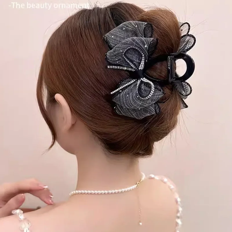 Elegant Rhinestones Chiffon Dot Bow Hair Claw For Women Girls Sweet Hair Ornament Hair Clips Hairpin Fashion Hair Accessories