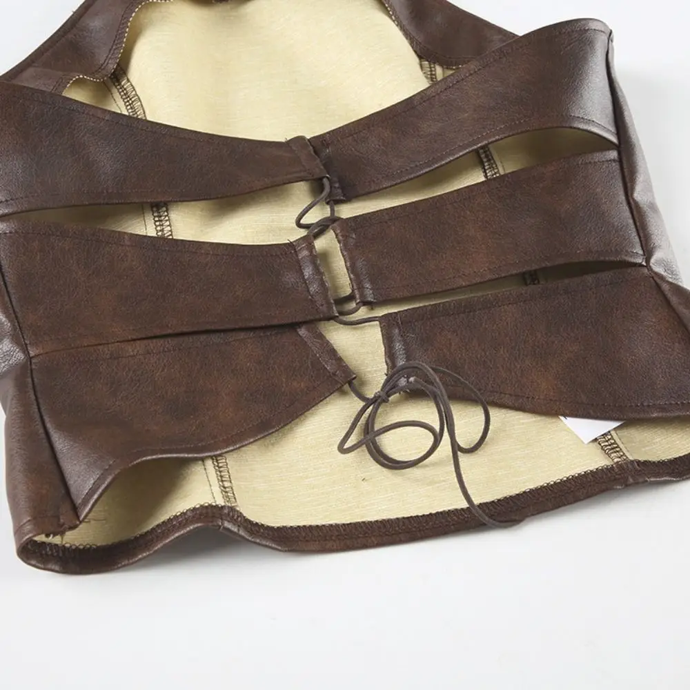 

Модный жилет, кожаная майка на шнуровке с металлическим кольцом, обтягивающий топ, женская уличная одежда с открытой спиной, без рукавов, с лямкой на шее, вечерние камзол