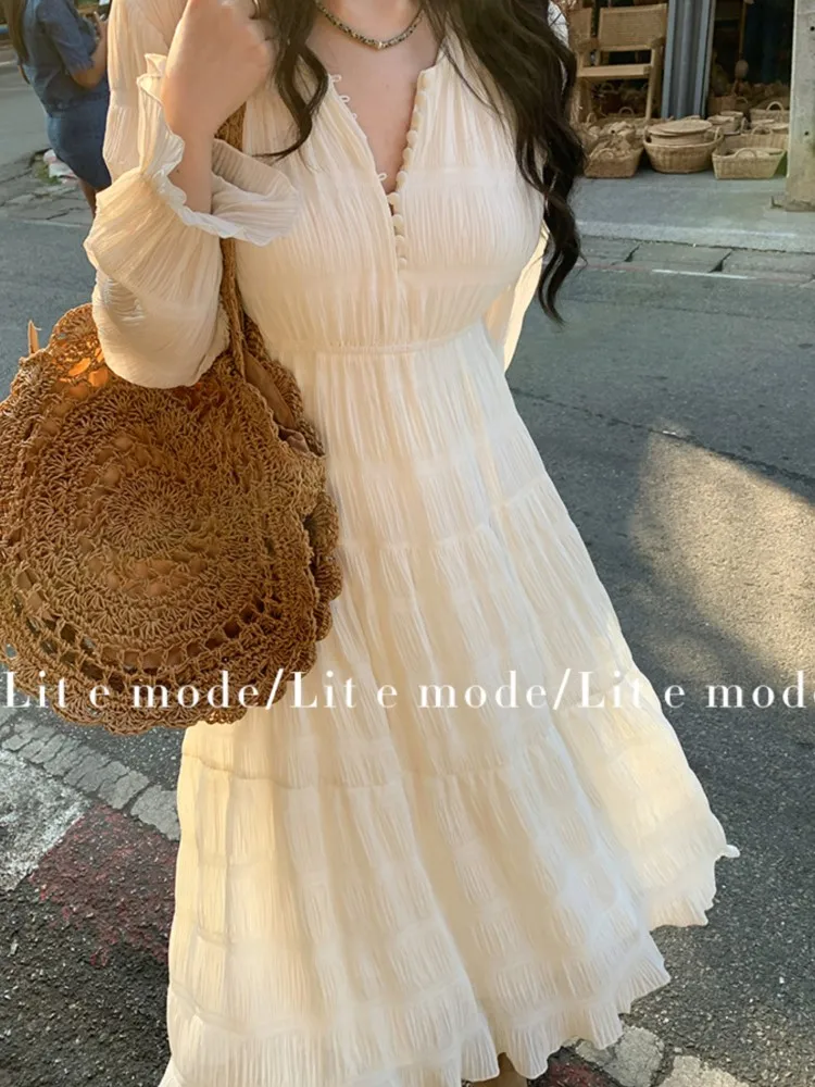 Vestido vintage mujer manga larga plisado cintura elástica botones casual formal elegante