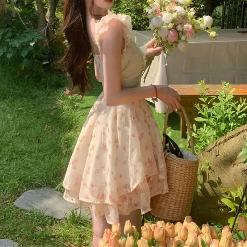 Women Summer Floral Print Ruffle Bow Sweet Sexy Fairy Mini Dress High Waist Sleeveless Slim Square Collar A Line Dresses Vestido