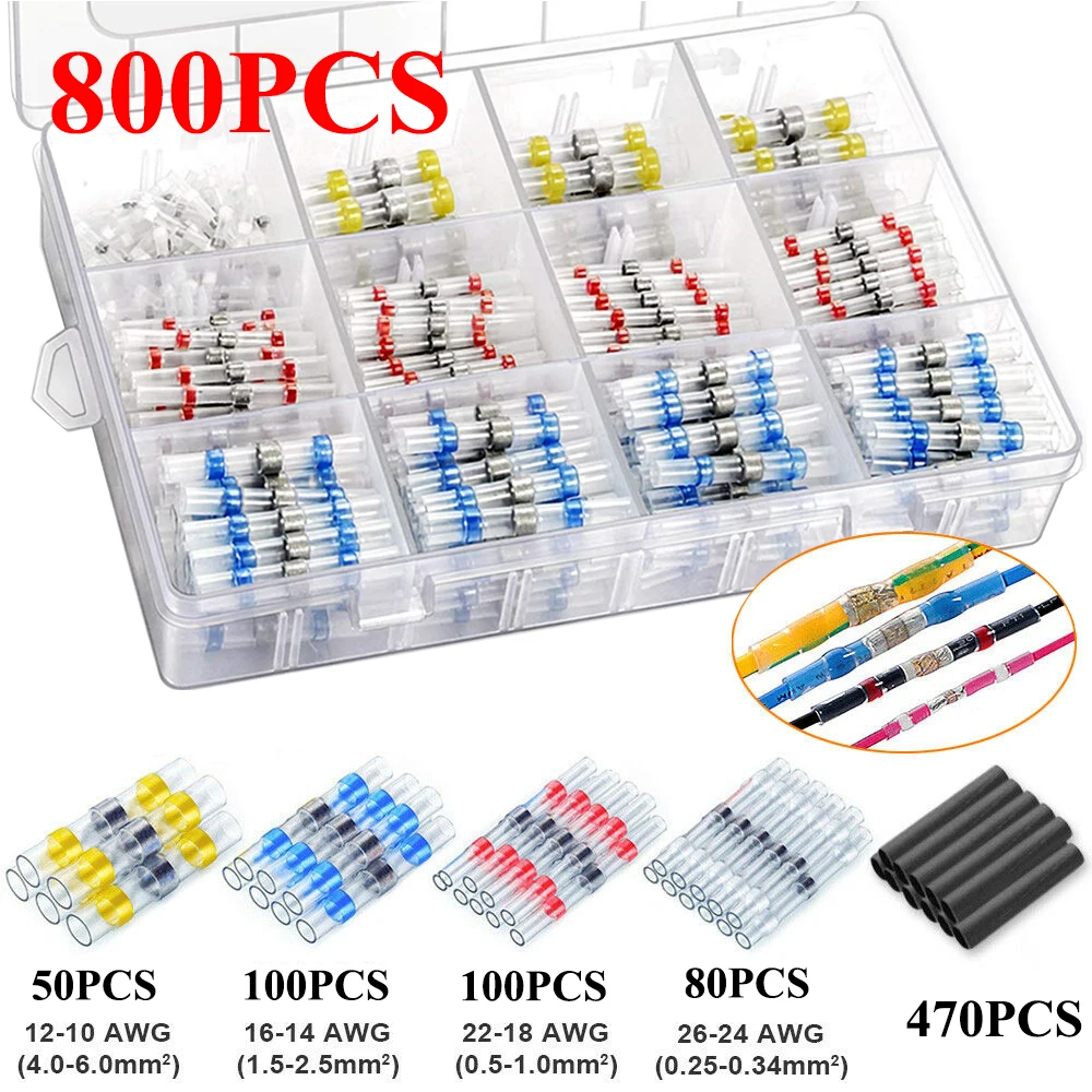 300/600/800Pcs Solder Seal Wire Connectors Kit, Heat Shrink Butt Connectors Waterproof and Insulated Electrical Wire Terminals