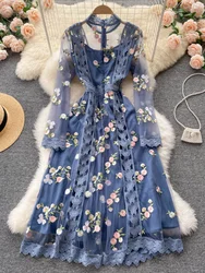 Autumn Sweet Elegant Party Dresses Women Embroidery Floral Print Flower Evening Dress Female Vintage Streetwear Bohemian Casual