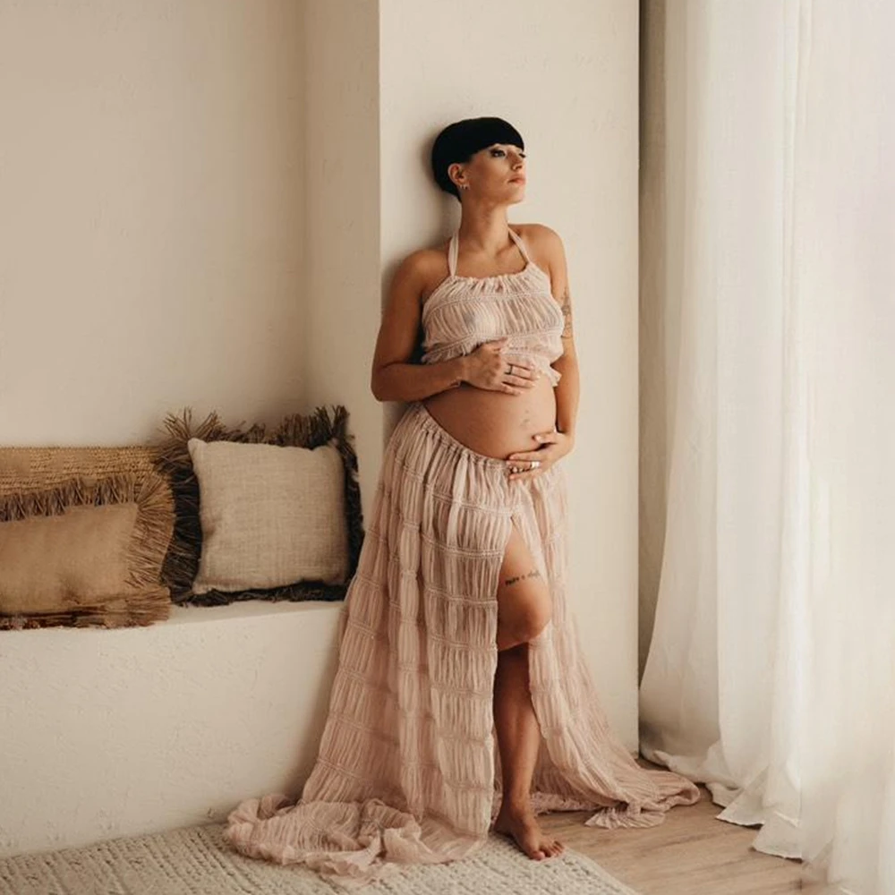 

Pink Maternity Photography Gown Two Piece Set Ruffles Pregnant Women Maxi Dress For Photo Shoot Baby Shower Photo Studio Props