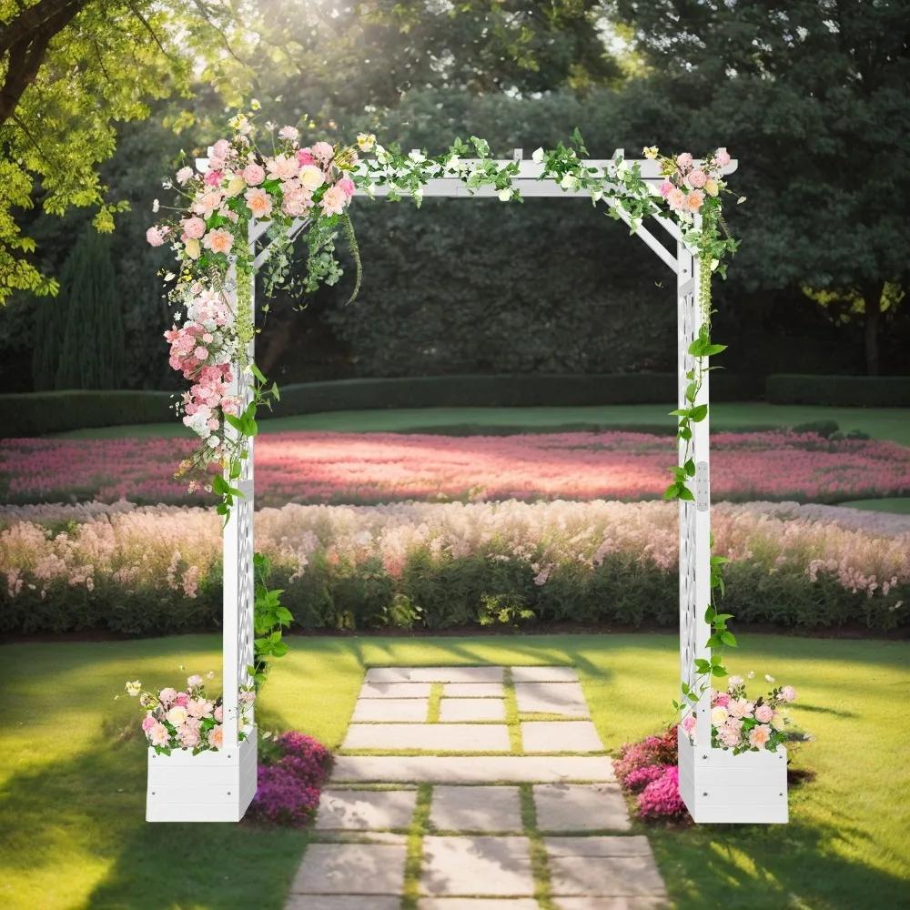 ​7.2 FT White Flat Top Wooden Arch with Planting Frame for Ceremony Party Decor