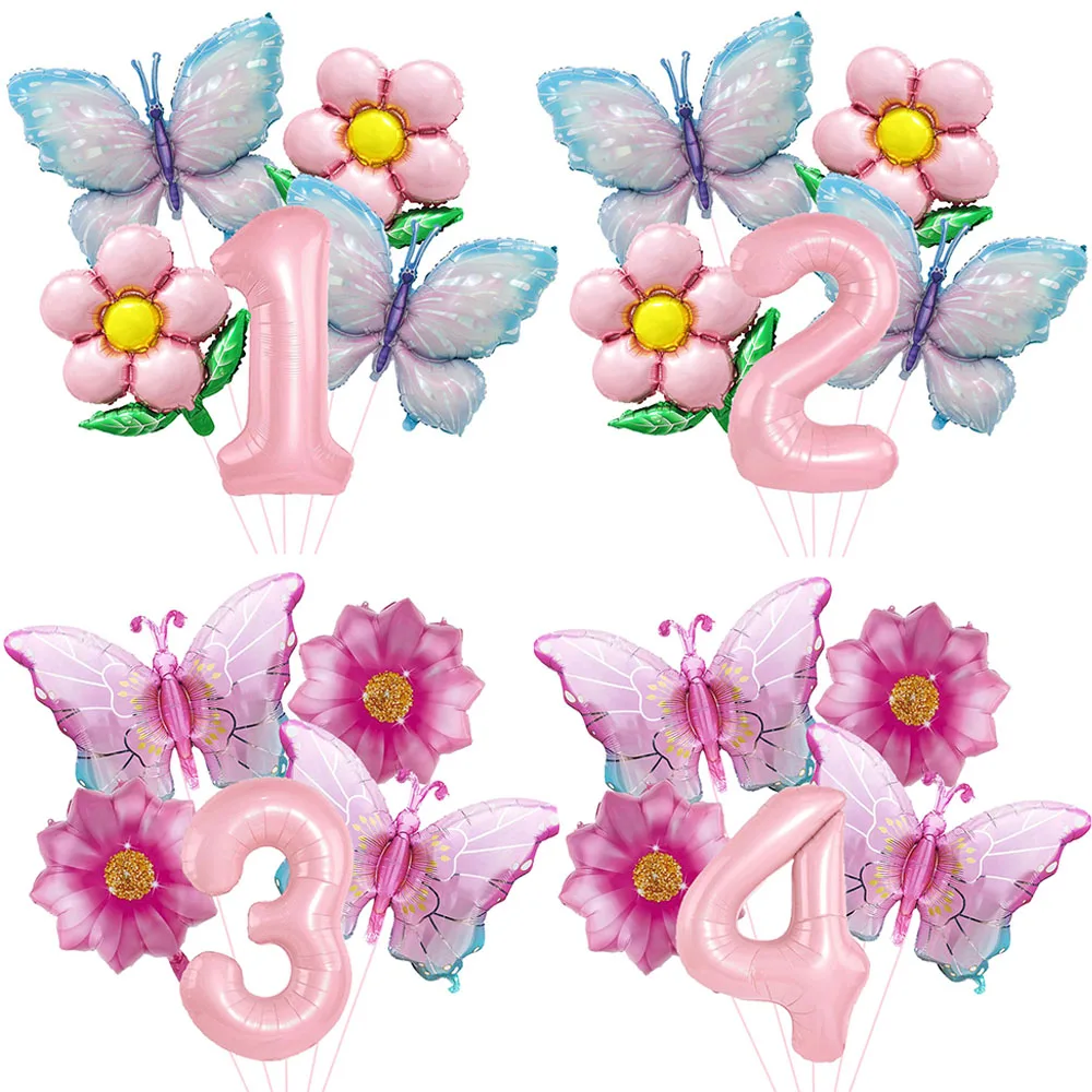 5pcs Pink Number Balloon Butterfly Balloon Set Butterfly Balloons Foil 32inch 1st-9th Number Birthday Decor for Girl Baby Shower