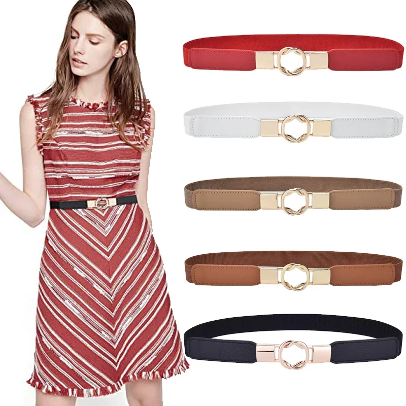 

New Fashion Women's Belt Elastic Waistband Gold Circle Buckle Versatile Belts Red Thin Cummerbund Strap Decorative Accessories