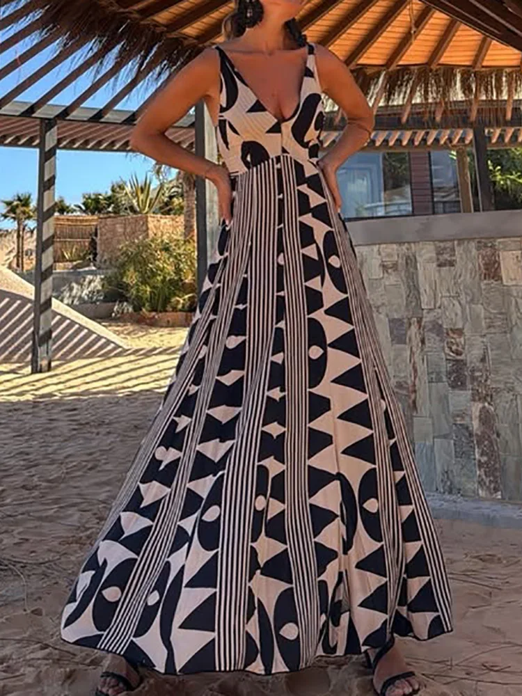 Vestido largo elegante con tirantes finos para mujer, vestido de fiesta de retazos a la moda con cuello en V profundo, vestido de mujer estampado sin espalda estilo playero