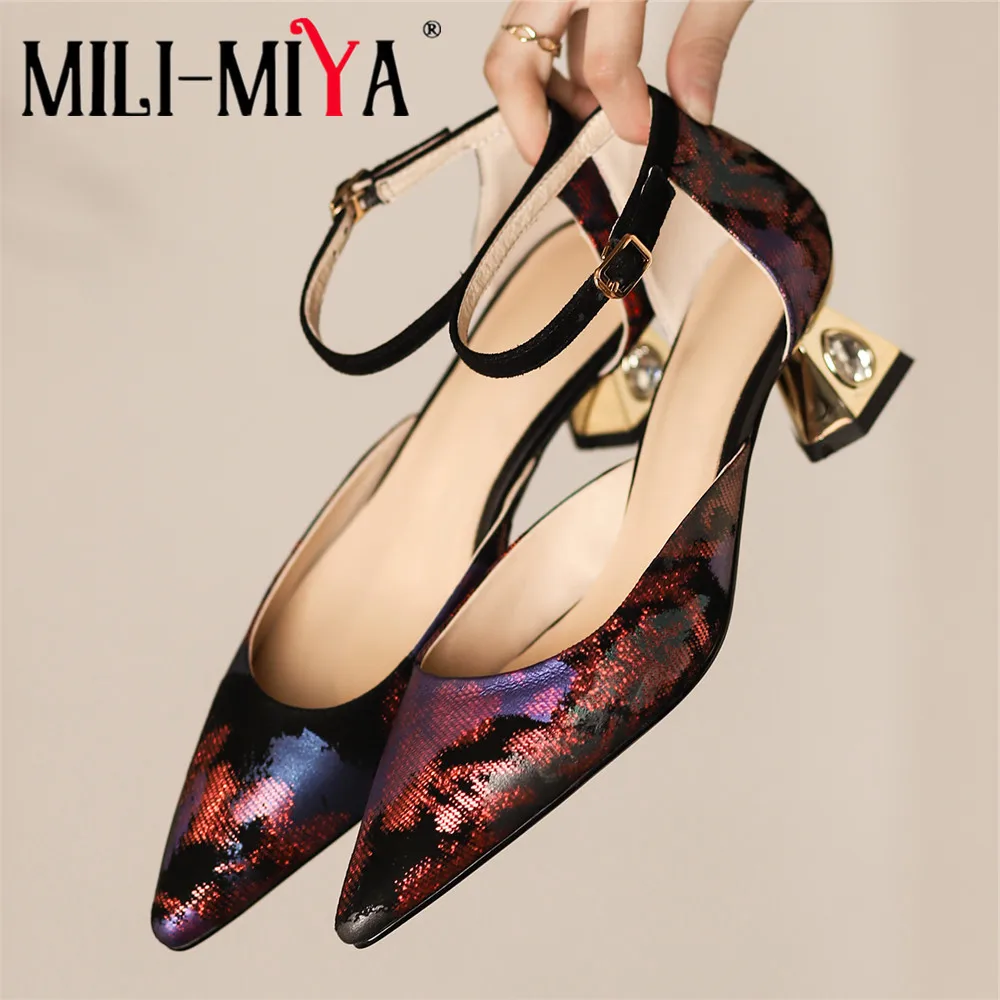 MILI-MIYA New Arrival Fashion Ethnic Style Women Kid Suede Pumps Ankle Wrap Pointed Toe Crystal Thick Heels Plus Size 34-43