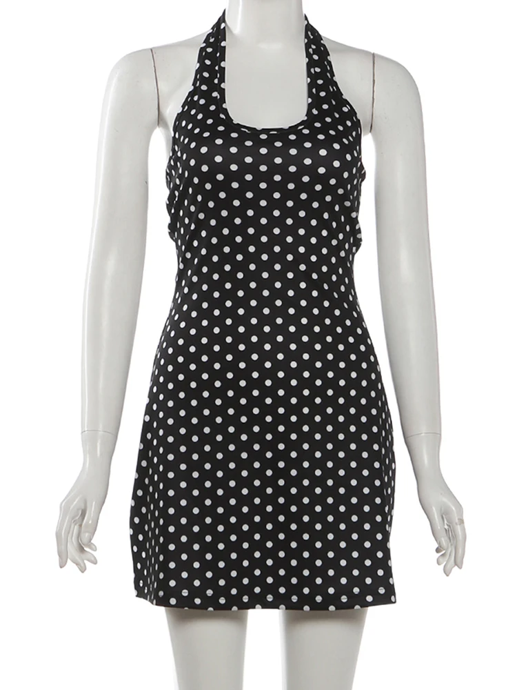Kliou Polka Dot Print Minikleid für Damen, Sommertrend, Neckholder, tief ausgeschnitten, rückenfrei, ärmellos, formende Taille, Y2K, eleganter Stil, figurbetont – Detail 3