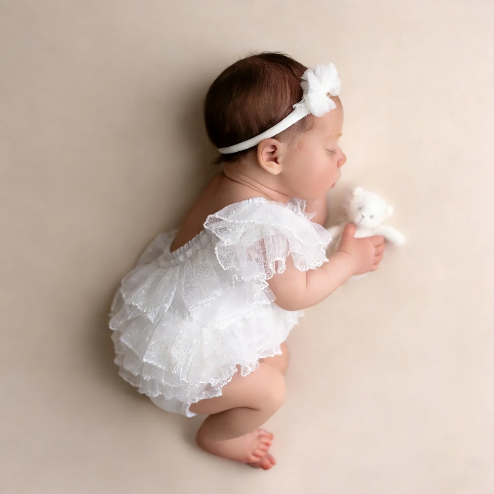 Baby Girl White Ruffle Romper Newborn Photography Props Bow Headband Tulle Layered Newborn Photo Prop