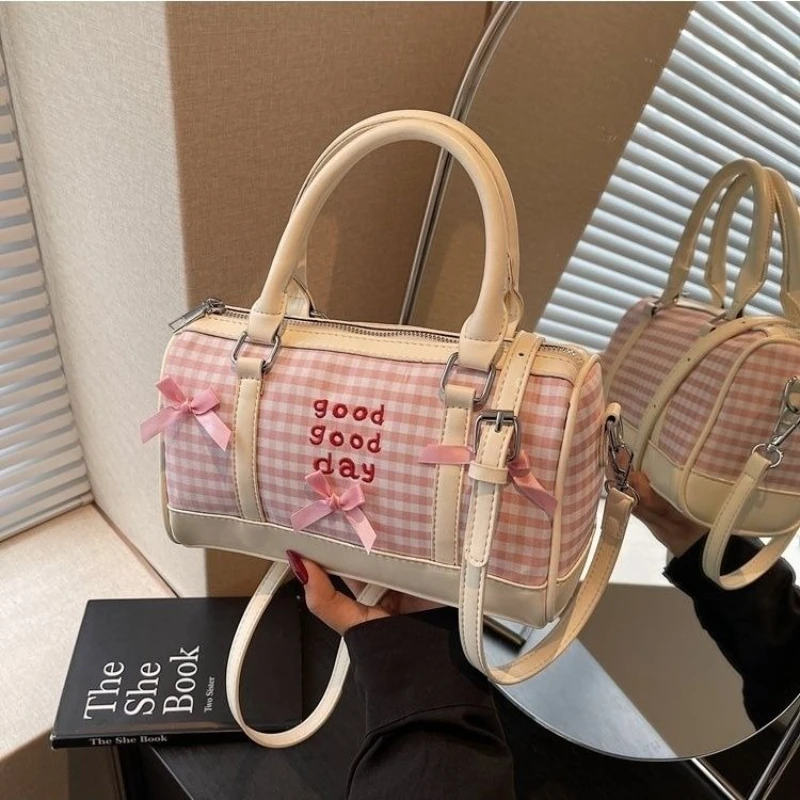 

Japanese Style Sweet Cute Large Capacity Handbag Pink Grid Good Day Messenger Bag Women's Bags Crossbody Bags for Women