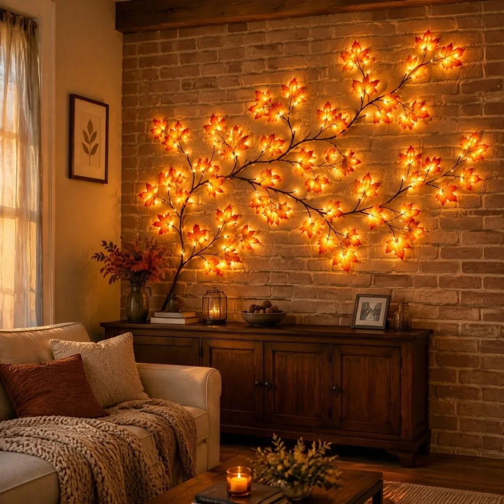 USB Powered Maple Leaf Branch Lights Flexible Vine 8 Lighting Modes Autumn Vine Garland Lighted Bendable Vine String Lights