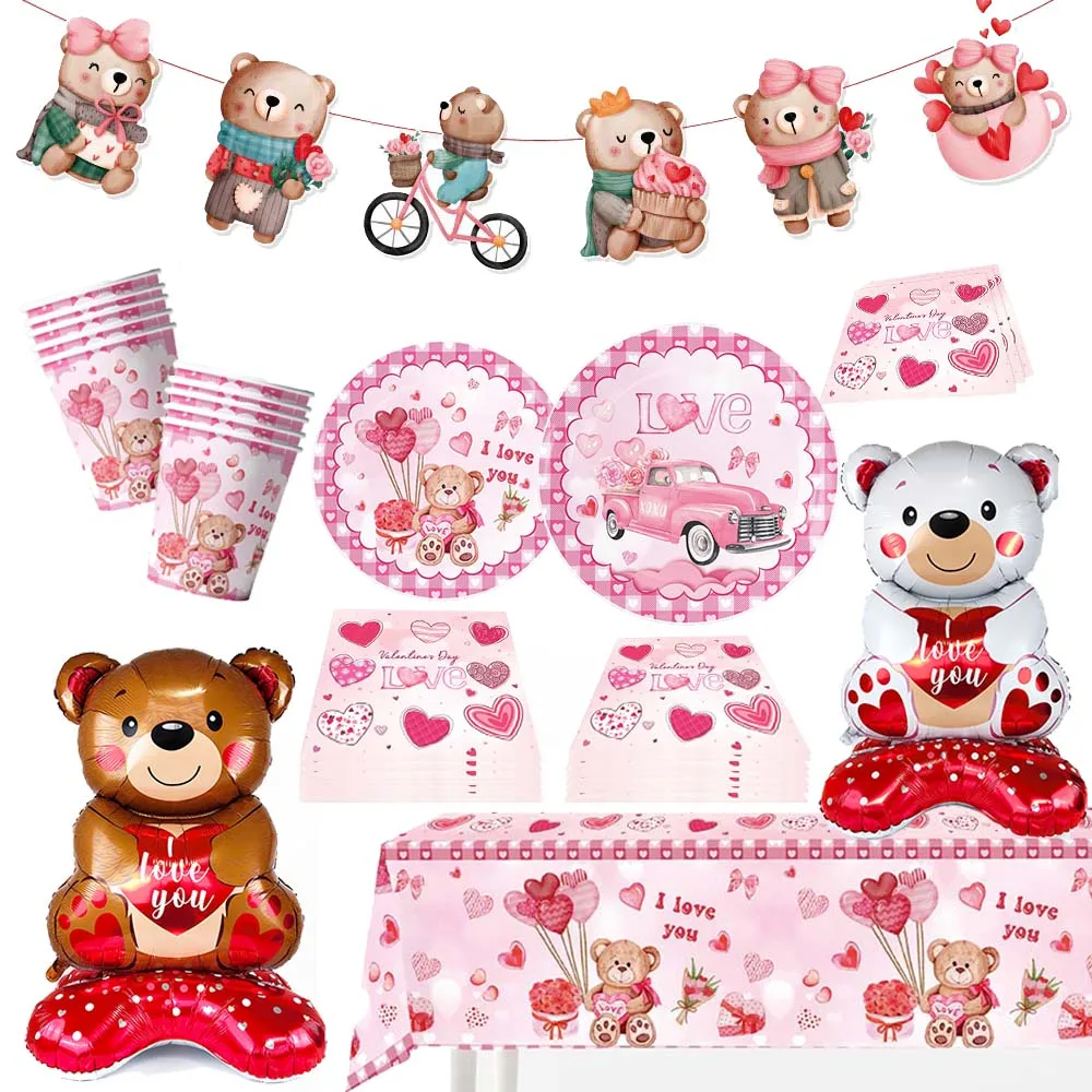 Vajilla para el Día de San Valentín, platos, servilletas, mantel, taza, oso de peluche, globos de amor, suministros de decoración para fiesta de corazón rosa para el Día de San Valentín