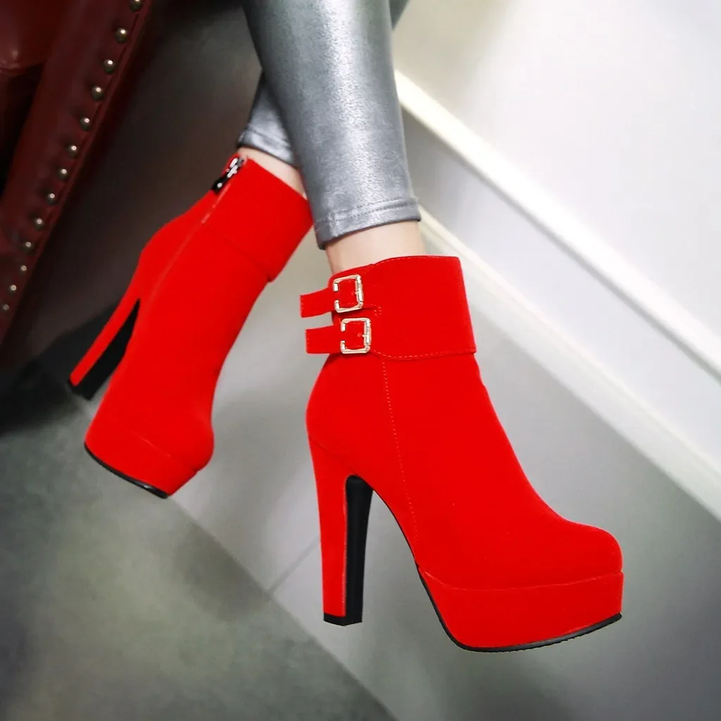 Fashion Women Ankle Boots Round Head Platform High Heel Boots Pumps Female Sexy Stiletto Zipper Stretch Fabrics Boots Black Red
