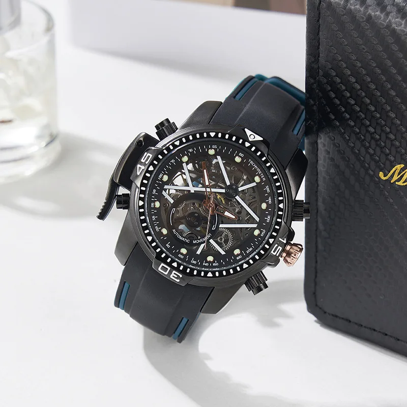 MOBANGTUO Multifunktionale automatische mechanische Herrenuhr, modisch, leuchtend, großes Zifferblatt, Silikonarmband, wasserdichte Armbanduhr