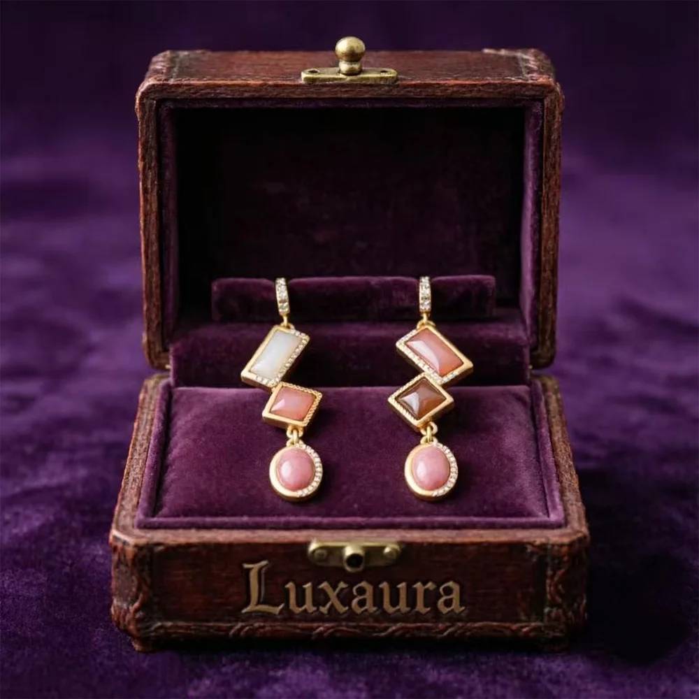 

Vintage fashion classic pink natural stone square tassel water droplet earring design paired with bohemian style female earrings