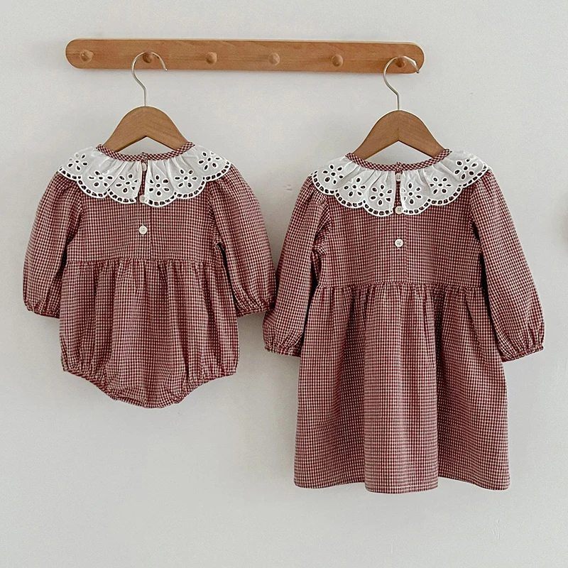 Sweet Autumn Kids Baby Girls Long Sleeve Grid Sisters Dress New Infant Baby Girls Clothes Newborn Baby Girls Rompers