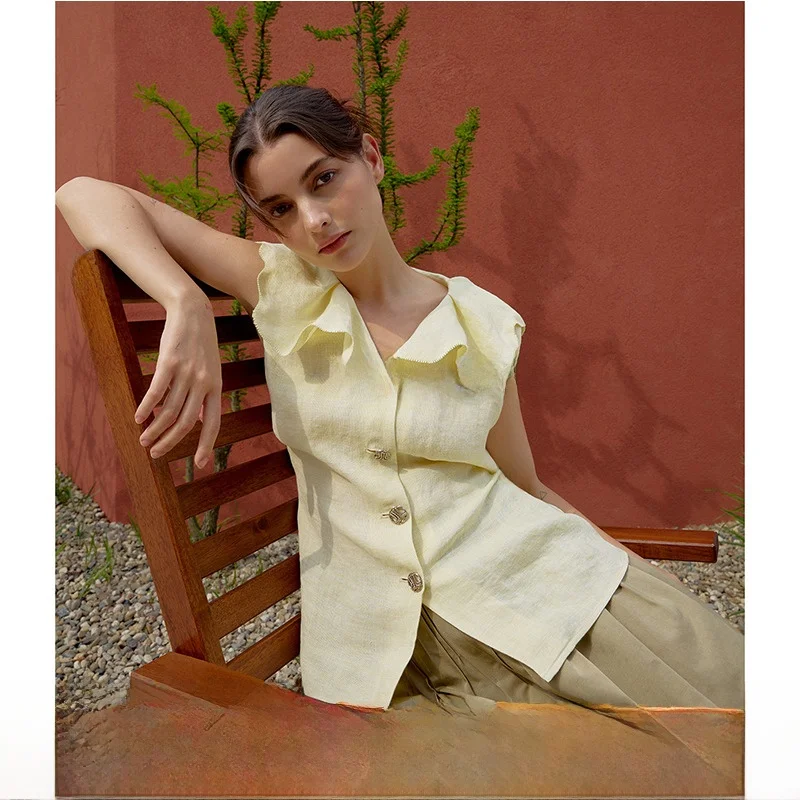 

Пониженная цена, льняной галстук с воротником irt, универсальный топ для похудения, корейский складной воротник, обычная длина, детали на пуговицах