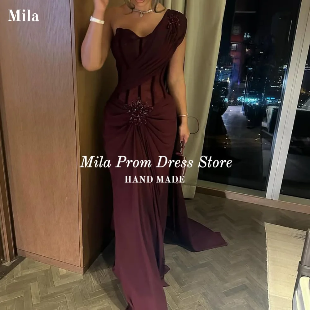 

Mila Customized Chiffon Mermaid Prom Dress Sexy One Shoulder Robe Invitée Mariage Dubai Burgundy vestidos de fiesta elegantes