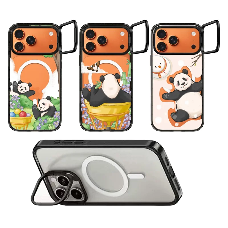 

Милый чехол-подставка с пандой и кольцом для камеры, акриловый магнитный чехол для iPhone 14, 15, 16, 17 Pro Max, чехол для iPhone 17 Pro