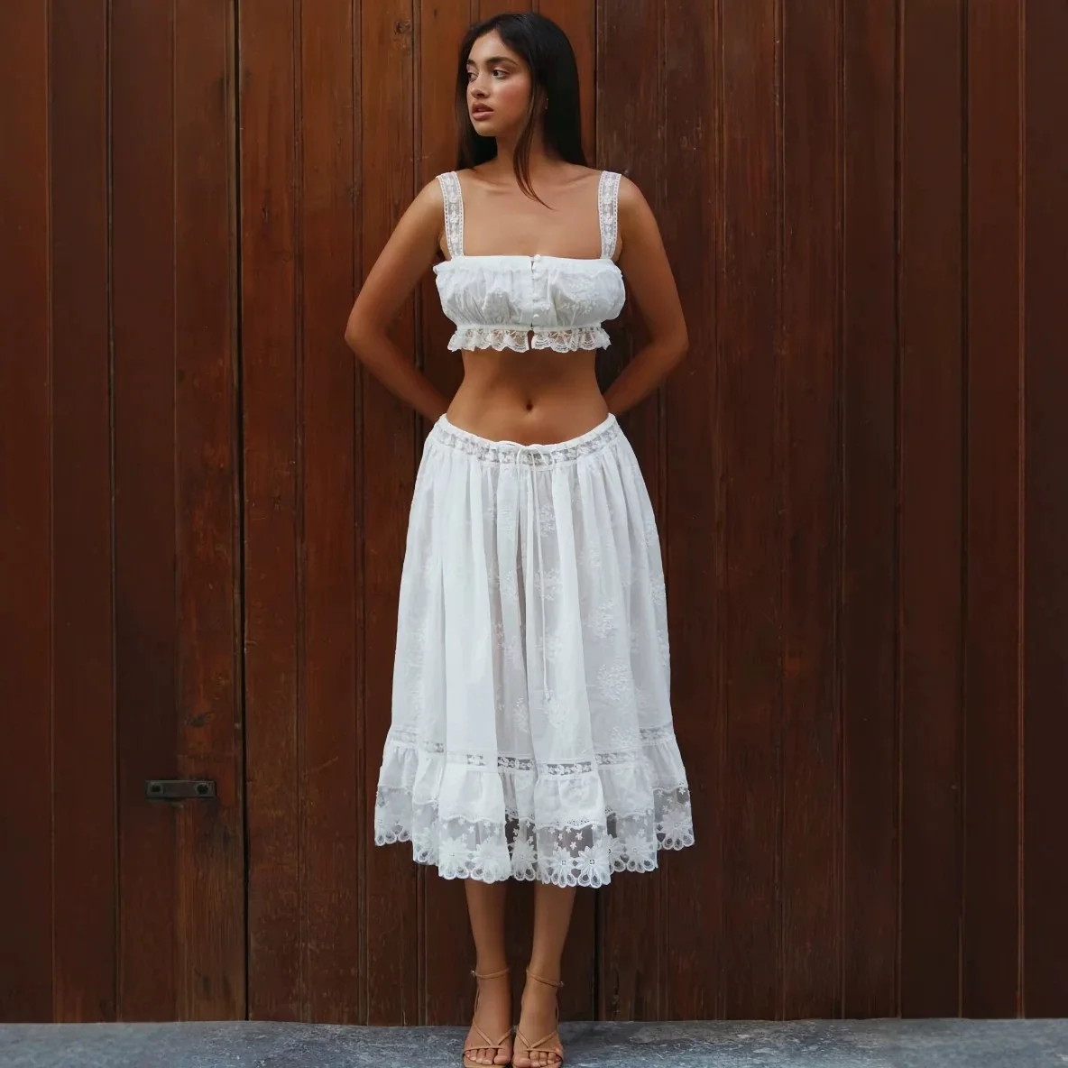 Women Romantic  High-rise Beach  Laced in Light Midi Skirt +Daydream Crop-top