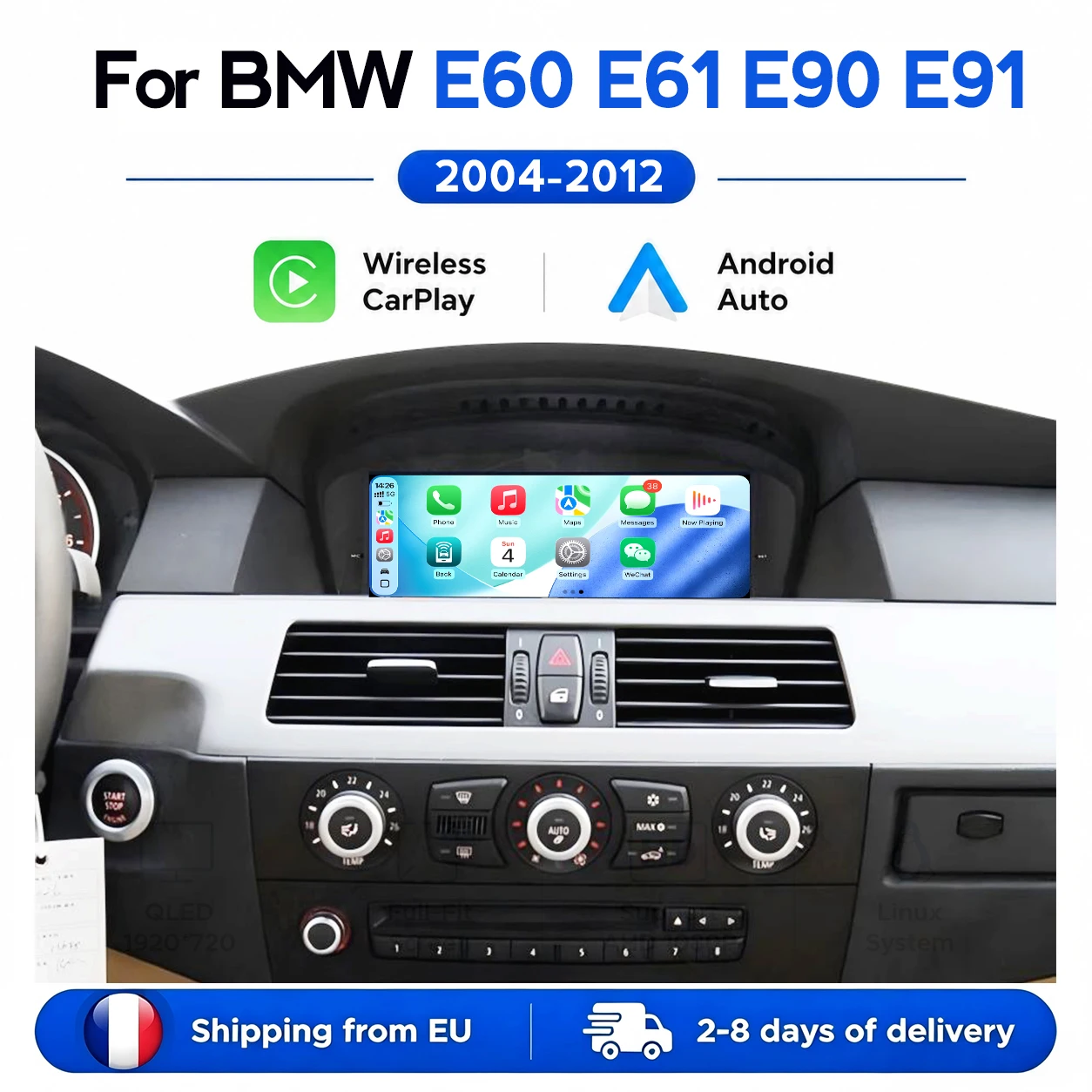 Disponibile in magazzino nell'UE, lettore multimediale per auto con schermo Linux, CarPlay wireless e Android Auto, compatibile con BMW Serie 5/3 E60 E61 E63 E64 E90 E91 E92 2004-2012, con