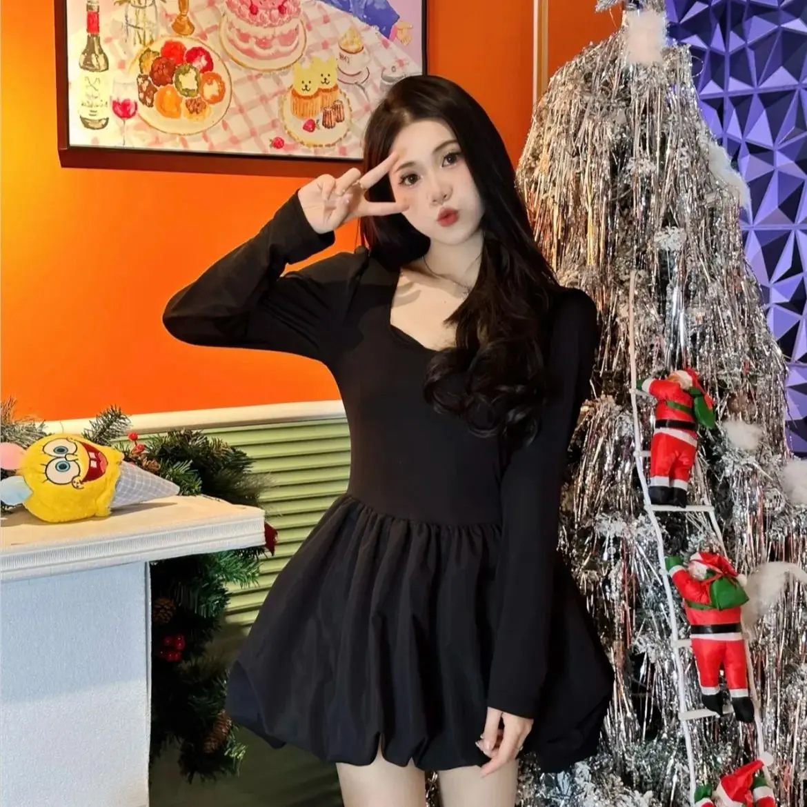 Puffy Dress Hepburn Style French Slimming Waist Black Swan 2024 Autumn New Black Princess Dress Women