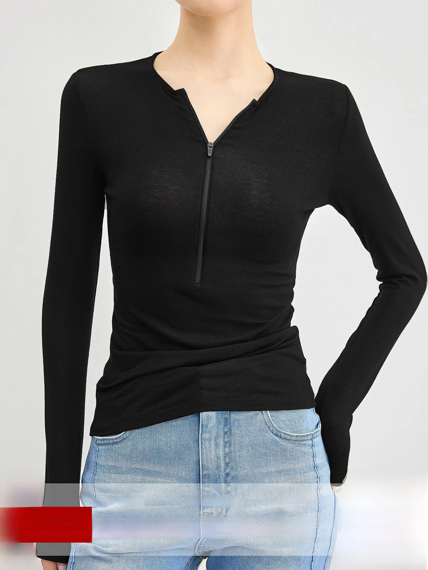 

Falin Women's Slim Fit Woolen Base irt Long Sve Zipper f Open Ne Inner Wear Top Curved Outline Korean Sle Spring