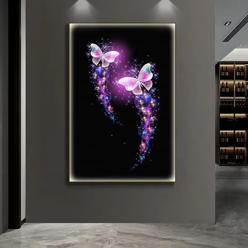 Arte de Parede Moderna em Cristal e Porcelana com Luz LED em Forma de Borboleta, Elegante e Estilosa para Decoração de Sala de Estar