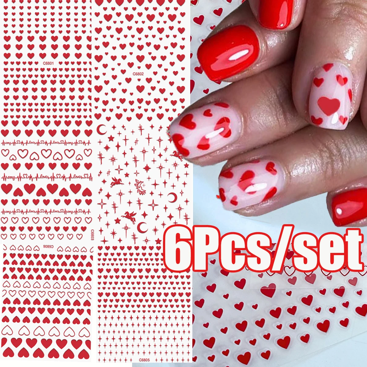 6Pcs/Kit Valentines Day 3D Red Love Heart Nail Art Stickers Mixed Red Peach Heart Nail Decal Self-adhesive Red Heart Nail Slider