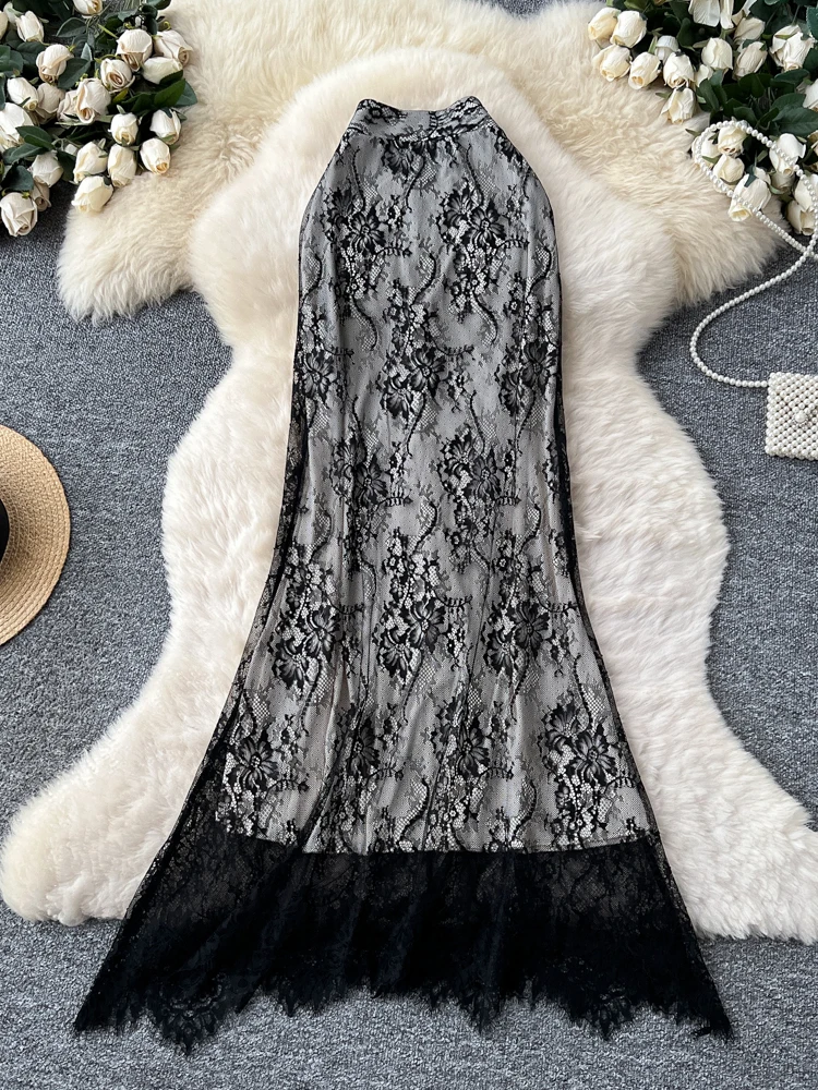 Gonna a trapezio a vita alta con giunture in pizzo coreano Sle Abito lungo in rete da donna Ele f-lunghezza Pendolarismo Chic Sle