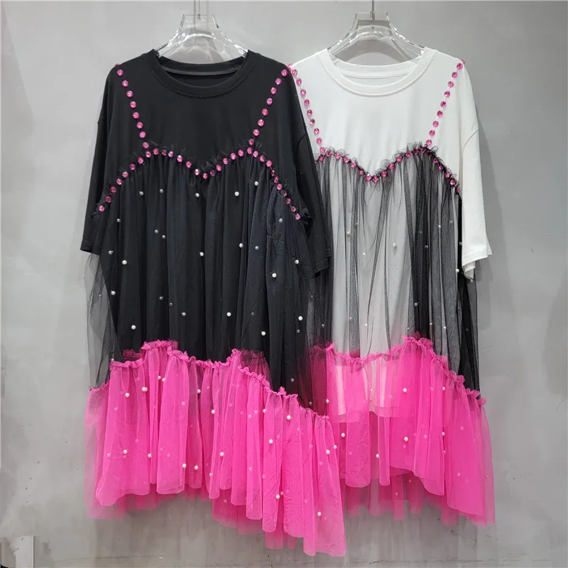 Mesh Splicing Ruffles Diamonds Beaded T-Shirts Dress Gauze Crystal Tees Dress Pearls Contrast Colors Short Sleeved Vestidos Tops