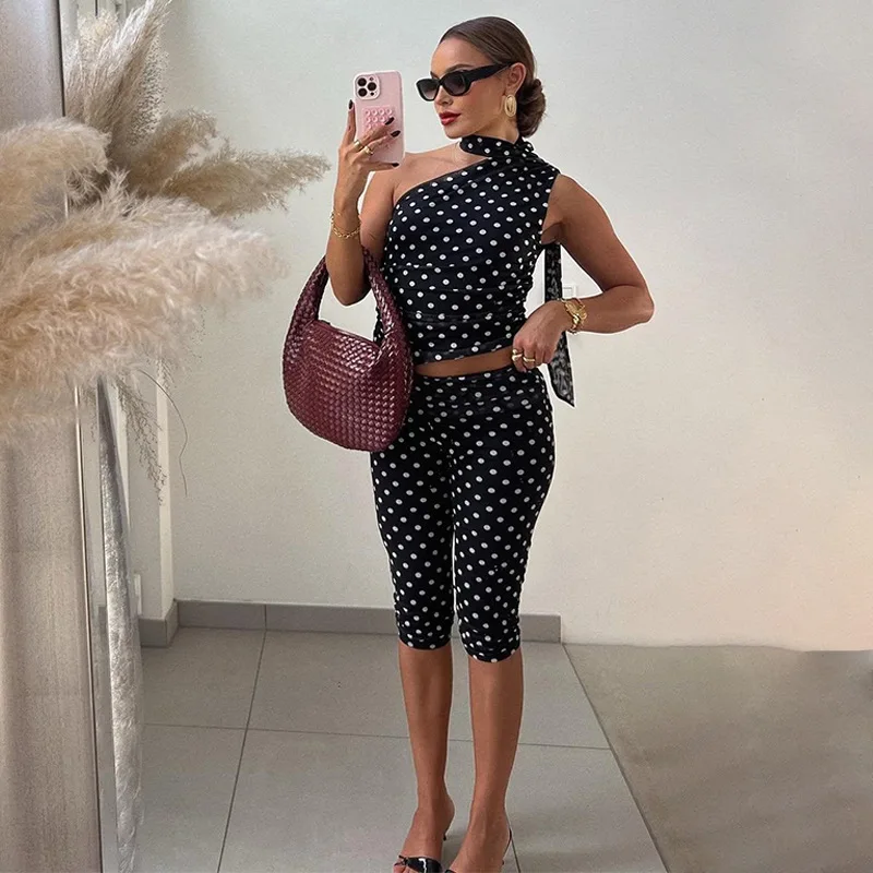 Polka Dots Print Mesh Patchwork Women Casual 2 Piece Set One Shoulder Ribbon Sleeveless Ruched Tank Crop Top + Calf-length Pants