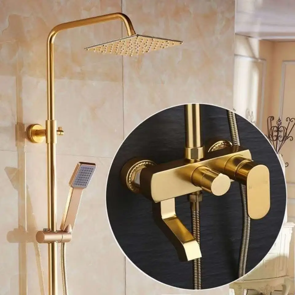 High End Shower Head Set With Brushed Gold Air Pressurized Shower Head Refined Copper Waterway Core Three Function Water Outlet