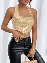 Champagne & Gold Sequined Irregular Hem Halter Top, Elegant Backless Crop Summer Top, Women's Clothing